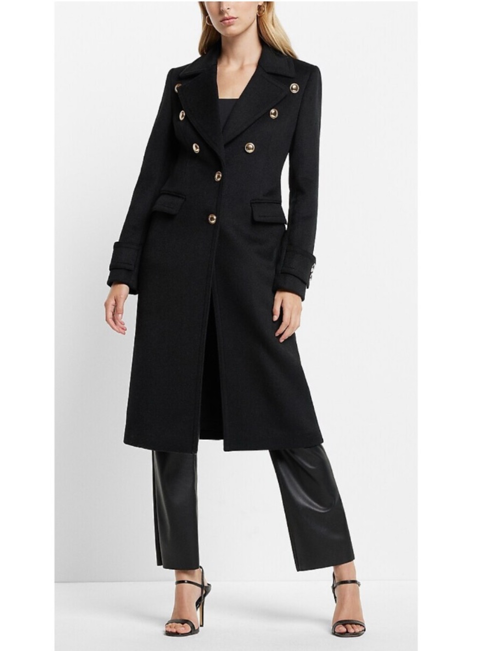Express Wool Blend Single Breasted Longline Military Peacoat Winter Jacket Black